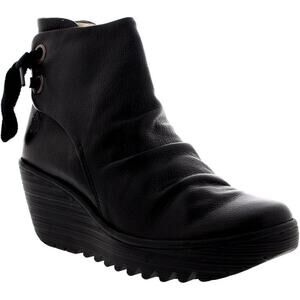 FLY London Boots Yama Wedge Heel Leather Ankle Women's Size 38 Black